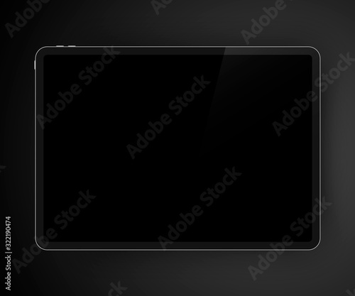 Realistic dark themed illustration of high detailed digital tablet. Black screen of drawing pad for your content