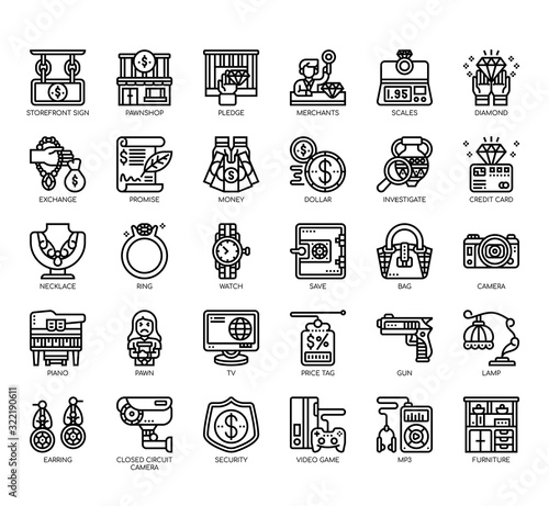Set of pawnshop thin line and pixel perfect icons for any web and app project.