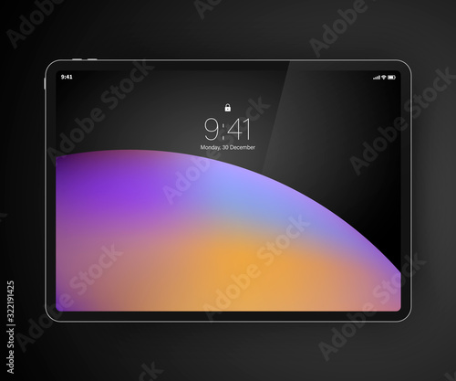 Realistic tablet drawing pad with start lock screen. Drawing pad device on dark background. photo