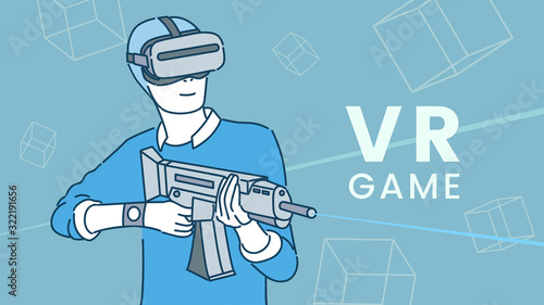 Gamer in headset with weapon playing VR shooter game