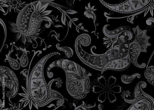 Seamless pattern, background with traditional paisley. Floral vector illustration in damask style. Vector illustration in black color..