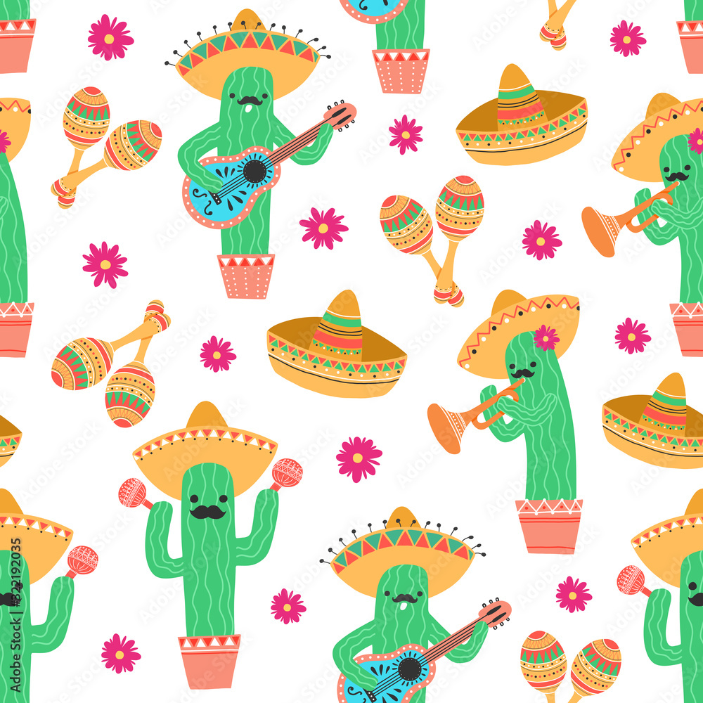 Naklejka premium Seamless pattern with cute mexican cactus playing on guitar and trumpet and dancing with maracas. Vector illustration