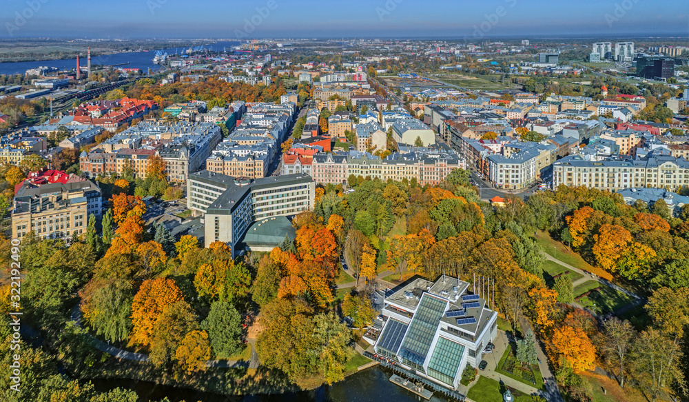 Fototapeta premium Beautiful aerial panorama view of Riga city skyline, Latvia