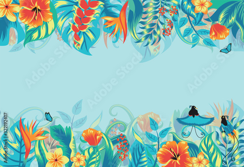 Summer tropical background frame with exotic paradise birds, palm leaves and hibiscus flowers. Vector floral background.