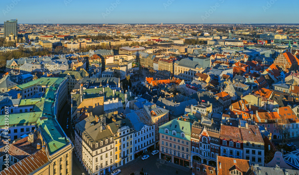 Obraz premium Beautiful aerial panorama view of Riga city skyline, Latvia