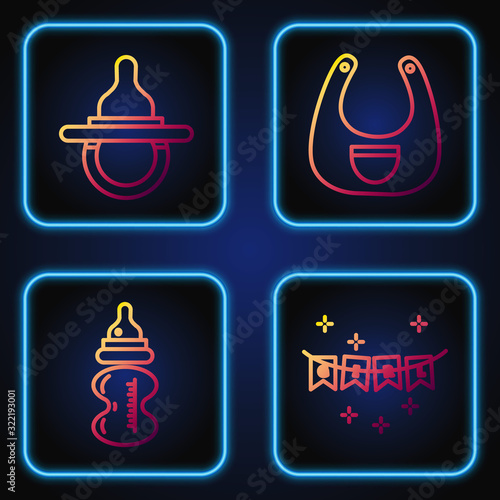Set line Carnival garland with flags, Baby bottle, Baby dummy pacifier and Baby bib. Gradient color icons. Vector