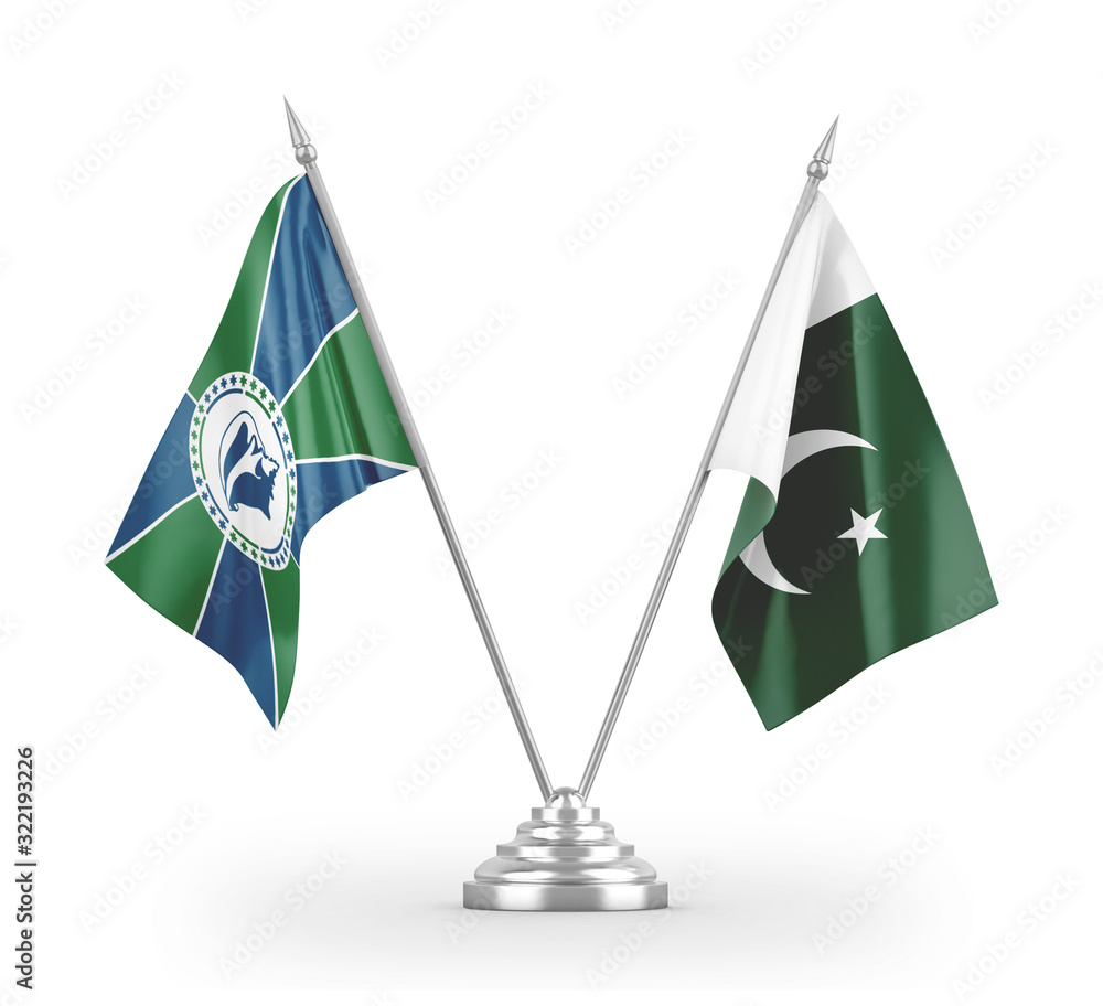Pakistan and Martinique table flags isolated on white 3D rendering Pakistan and Martinique table flags isolated on white 3D rendering
