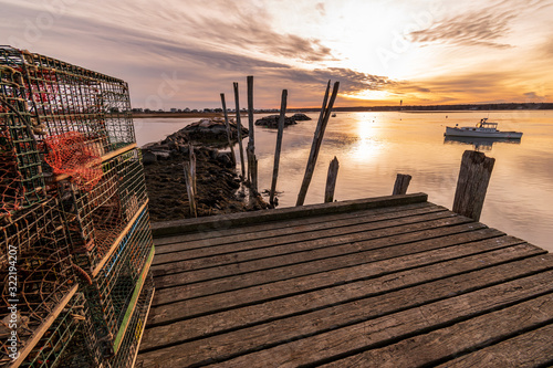 Lobster traps on the wharf during sunset - Biddeford Pool Harbor, Maine.