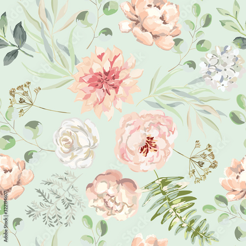 Blush pink rose, peony, dahlia flowers, green leaves, fern, mint background. Floral illustration. Vector seamless pattern. Botanical design. Nature summer plants. Romantic wedding