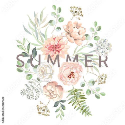 Blush pink dahlia, rose, peony flowers, fern, forest green leaves, white background. Print for t shirt, text Summer. Vector illustration. Floral arrangement. Design template greeting card