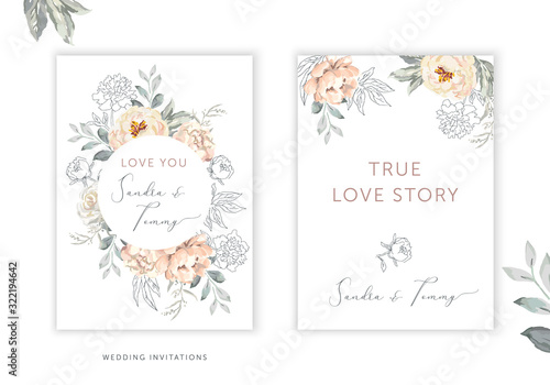 Wedding cards design. Blush peony, rose flowers, outline leaves bouquets, frames. Vector illustration. Romantic floral arrangements. Invitation template, white background