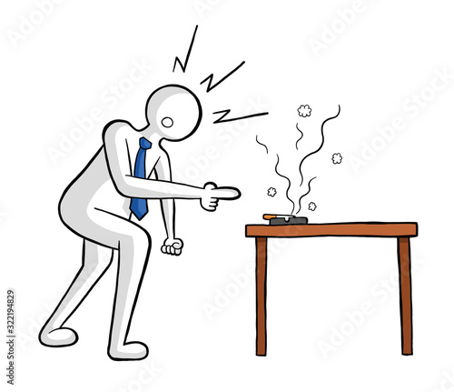 Businessman gets angry at the cigarette in the ashtray on the table vector illustration.