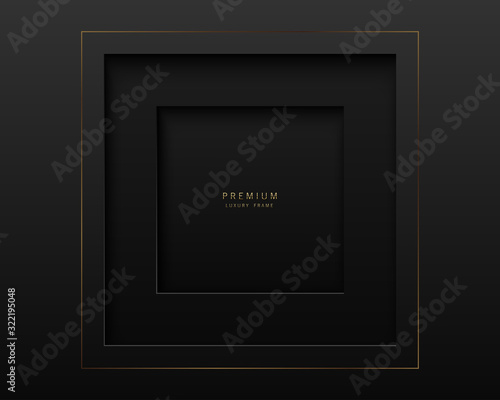 Vector black abstract square paper cut luxury frame. Premium label dark design background. Golden line frame. Papercut layered border