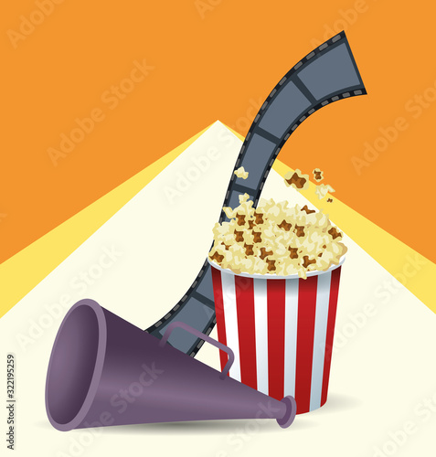 reel tape with popcorn bucket and directors megaphone