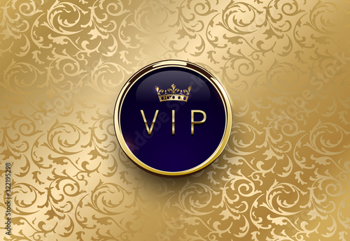 Vip blue label with round golden ring frame crown on gold floral background. Royal glossy premium template. Vector luxury illustration. Vintage invitation or announcement card design