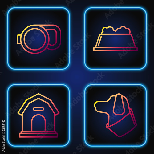 Set line Dog, Dog house, Retractable cord leash and Pet food bowl. Gradient color icons. Vector