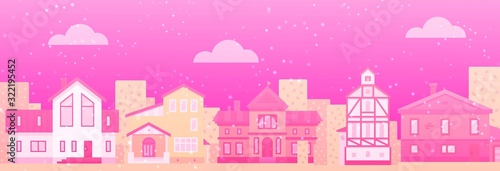 Monochrome pink cartoon fairy tale houses for Valentine Day love city vector ...