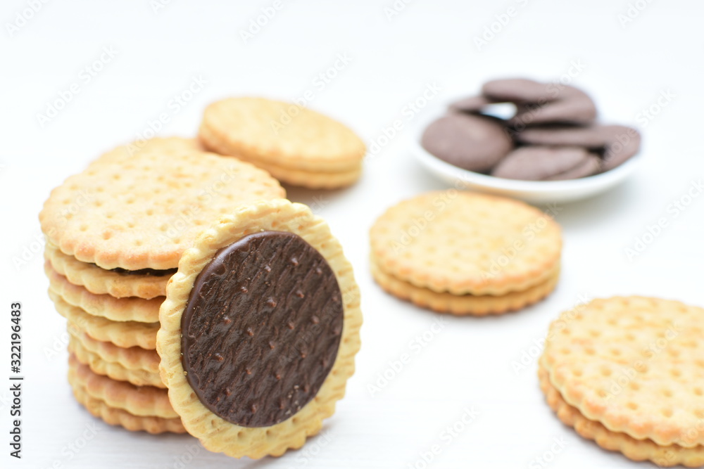 Chocolate cookies displayed on light background Chocolate cookies displayed on light background