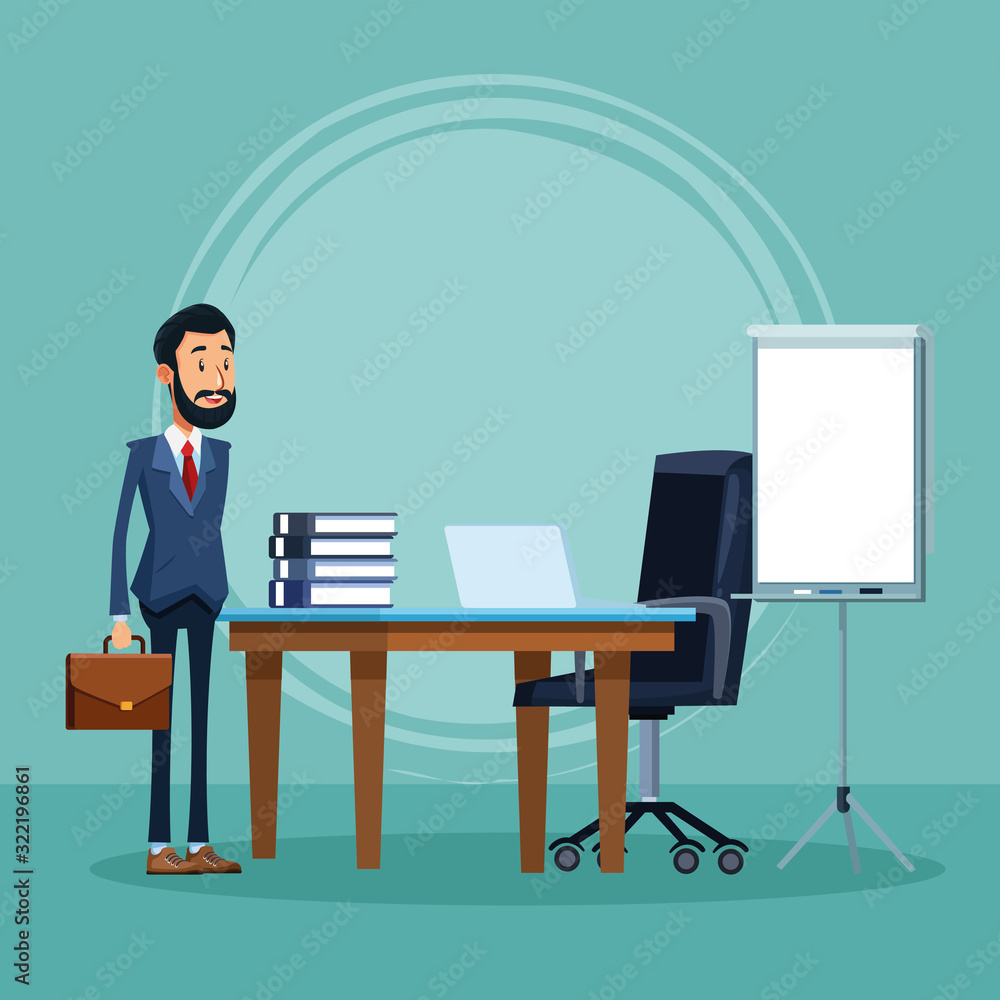 cartoon businessman standing in front of office desk with laptop computer and books cartoon businessman standing in front of office desk with laptop computer and books