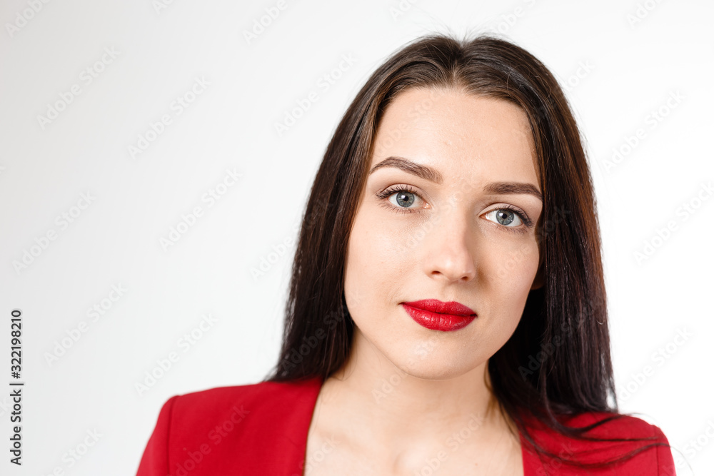 Business young beautiful lady on a white background shows different emotions copy space Business young beautiful lady on a white background shows different emotions copy space