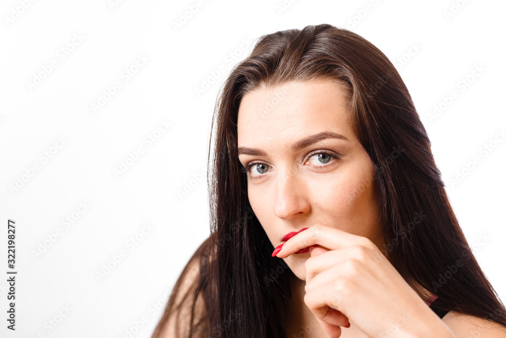 Business young beautiful lady on a white background shows different emotions copy space Business young beautiful lady on a white background shows different emotions copy space