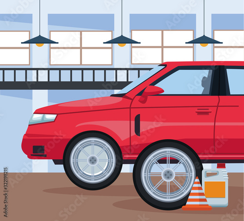 car repair shop scenery with red car and traffic cone and oil bottle, colorful design