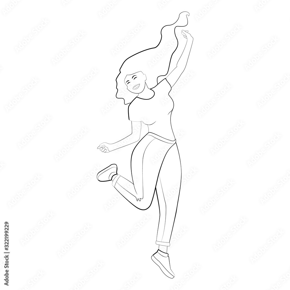 Vector illustration full length character of healthy and slim woman jumping in the air, in concept of healthy, happiness, winning, success. Outline, hand drawn, line art, doodle, sketch design. Vector illustration full length character of healthy and slim woman jumping in the air, in concept of healthy, happiness, winning, success. Outline, hand drawn, line art, doodle, sketch design.