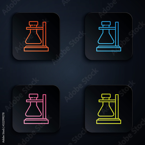 Color neon line Glass test tube flask on stand icon isolated on black background. Laboratory equipment. Set icons in square buttons. Vector Illustration