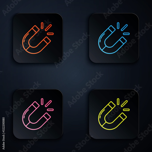 Color neon line Magnet icon isolated on black background. Horseshoe magnet, magnetism, magnetize, attraction. Set icons in square buttons. Vector Illustration