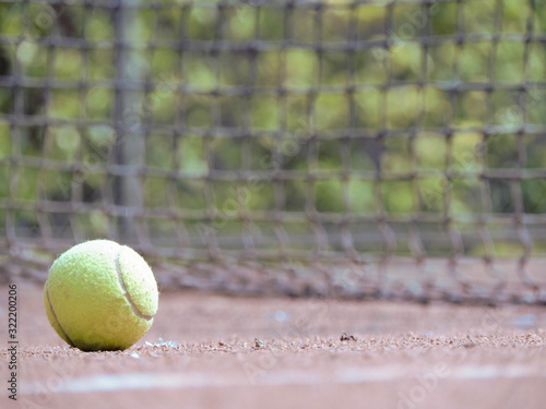 Pelota de tenis en movimiento con fondo natural acompañado con una raqueta en cancha de tenis
