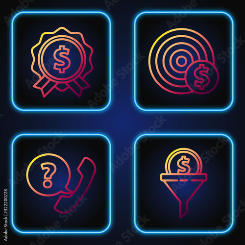 Set line Lead management, Telephone handset and speech bubble chat, Price tag with dollar and Target with dollar symbol. Gradient color icons. Vector
