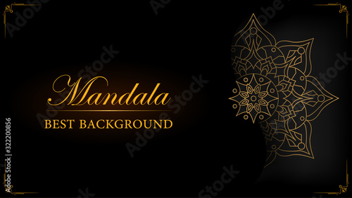 luxury ornamental mandala design black background in gold color.