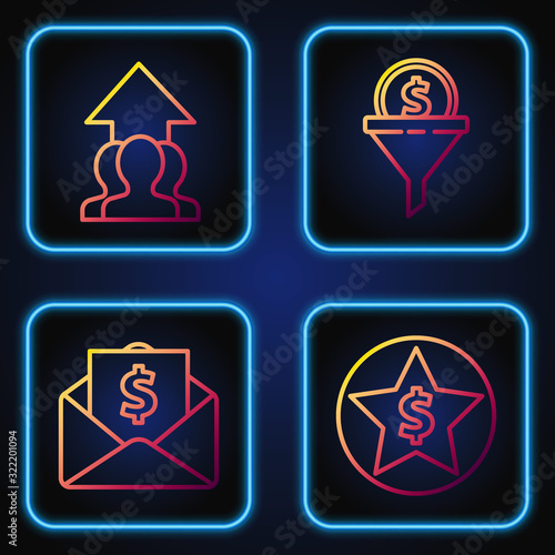 Set line Star and dollar, Envelope with coin dollar, Growth chart and progress in people crowd and Lead management. Gradient color icons. Vector