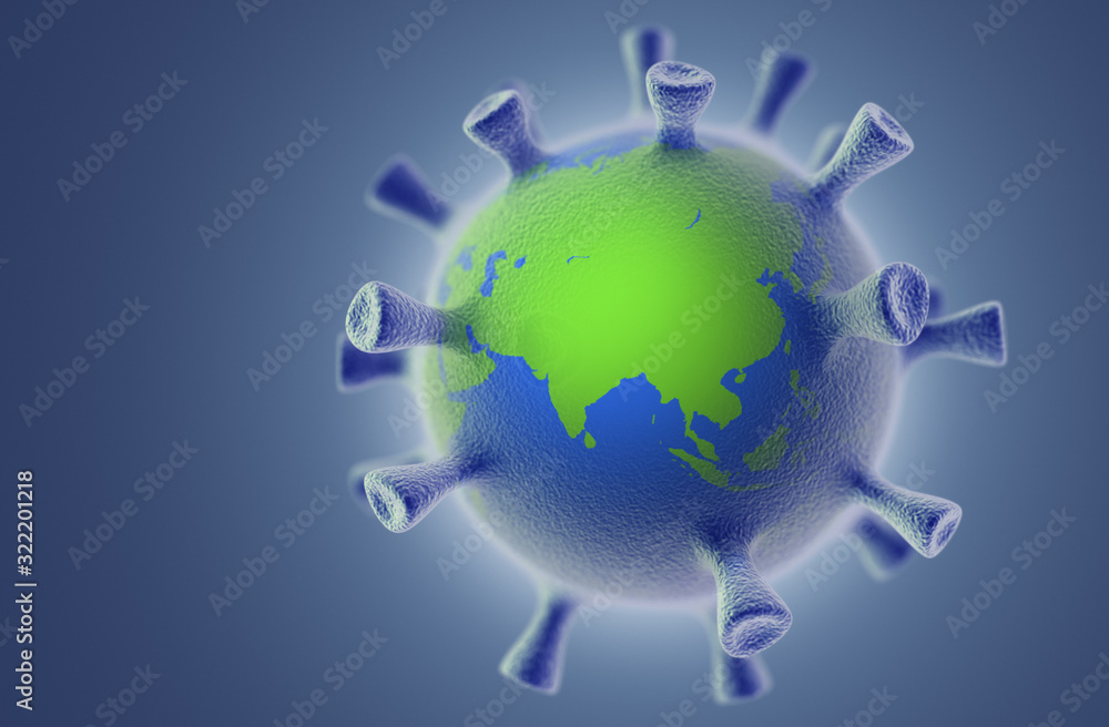 The spread of the virus on the planet. Collage from 3d virus and 3d globe. Corona virus concept.