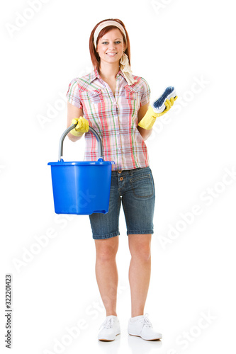 Cleaning: Woman with Bucket and Brush Ready to Clean