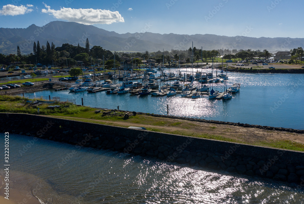 Fototapeta premium Aerial shot of the river anahulu and the boat harbor in the North Shore town of Haleiwa