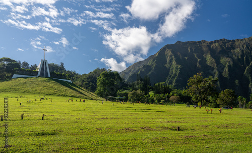 Modern church or chapel in the graveyard of the Valley of the Temples in Oahu, Hawaii photo