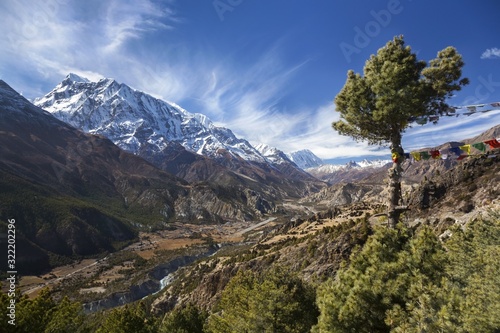 Annapurna Mountain Range Landscape View from trekking route between Pisang and Manang Villages in Nepal Himalaya Mountains