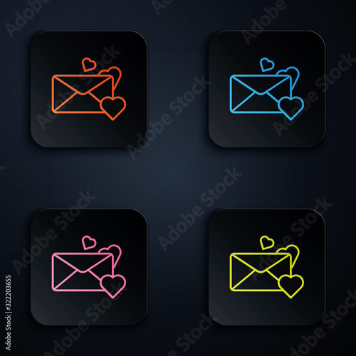 Color neon line Envelope with Valentine heart icon isolated on black background. Message love. Letter love and romance. Set icons in square buttons. Vector Illustration