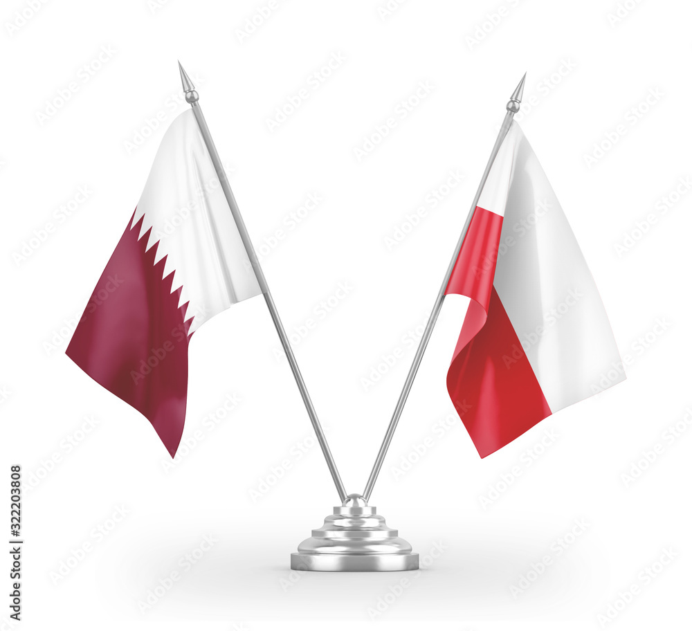 Poland and Qatar table flags isolated on white 3D rendering Poland and Qatar table flags isolated on white 3D rendering