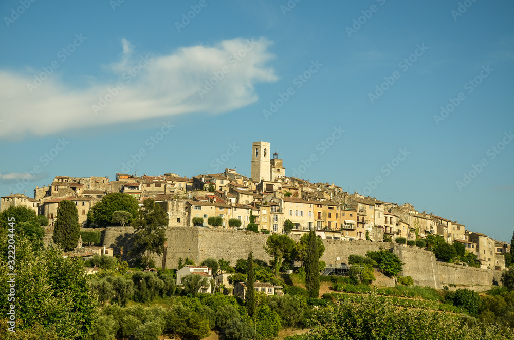 Panoramic view of Saint-Paul-de-Vence town in Provence, France. It is a medieval village, popular tourist attraction known as village-fortress& and town of arts