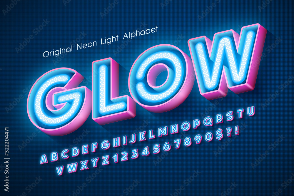Neon light 3d alphabet, extra glowing modern type. - obrazy, fototapety, plakaty 
