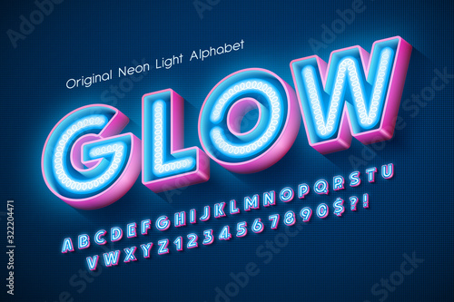 Neon light 3d alphabet, extra glowing modern type. photo