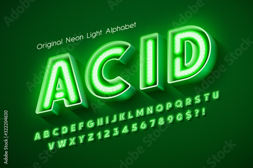 Neon light 3d alphabet, extra glowing modern type.