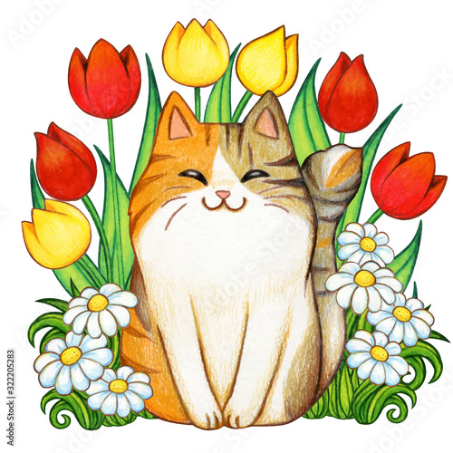 Watercolor ginger tabby cat in a tulip garden with bow banner
