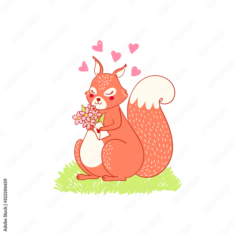 Plakat Squirrel vector cute animal on a sunny meadow with flowers in her paws.