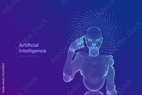 Abstract wireframe female cyborg or robot holds a finger near the head and thinks or computes using her artificial intelligence. AI and Machine learning technology concept. Vector illustration.