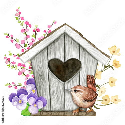 Cute watercolor birdhouse with heart shaped hole with wrena and flowers