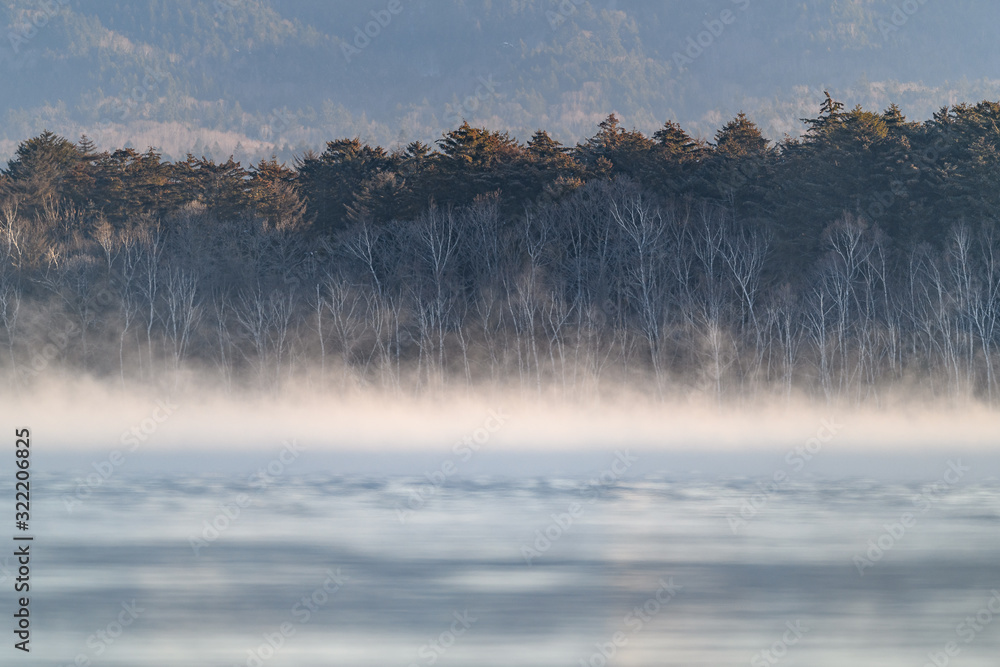 frozen and foggy landscape of Kussharo lake