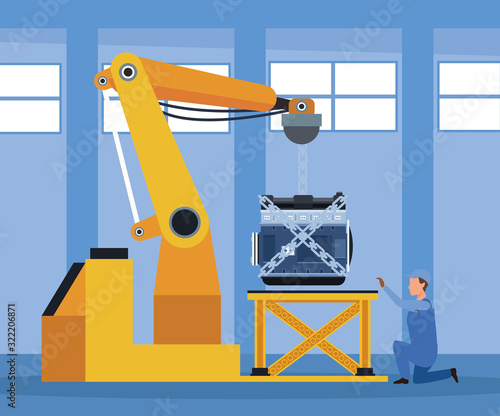 car workshop scenery with arm industrial arm holding a car engine and man supervising